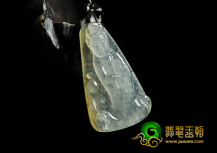 冰玻种淡黄翡缅甸翡翠A货站观音挂件