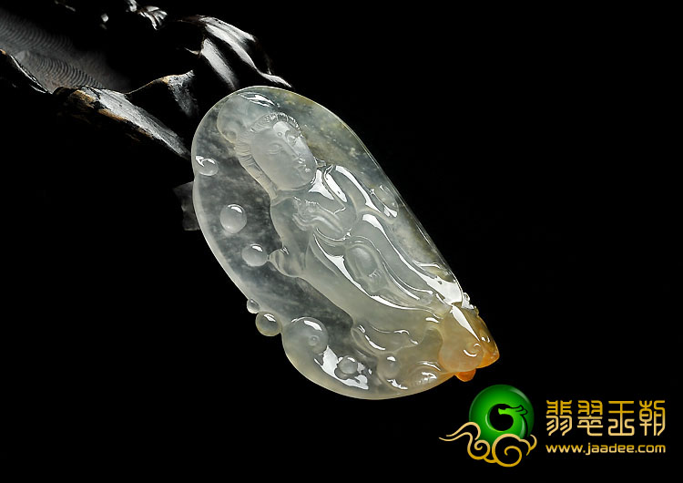 冰玻种淡黄翡缅甸翡翠A货站观音挂件