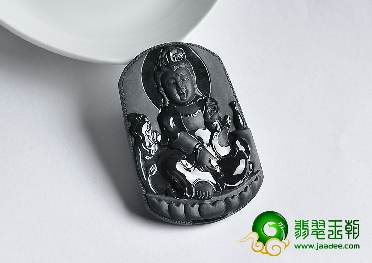 糯冰种墨翠缅甸翡翠A货观音挂件