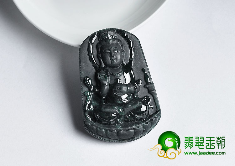 糯冰种墨翠缅甸翡翠A货观音挂件