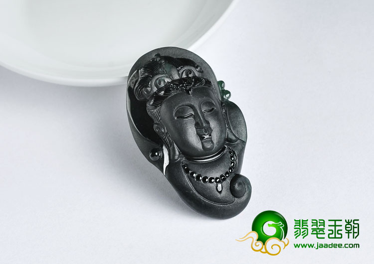 冰种墨翠缅甸翡翠A货观音头挂件