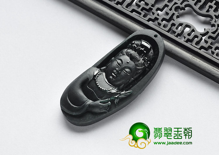 冰种墨翠缅甸翡翠A货观音头挂件