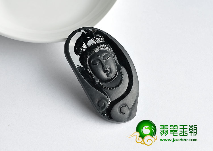 冰种墨翠缅甸翡翠A货观音头挂件