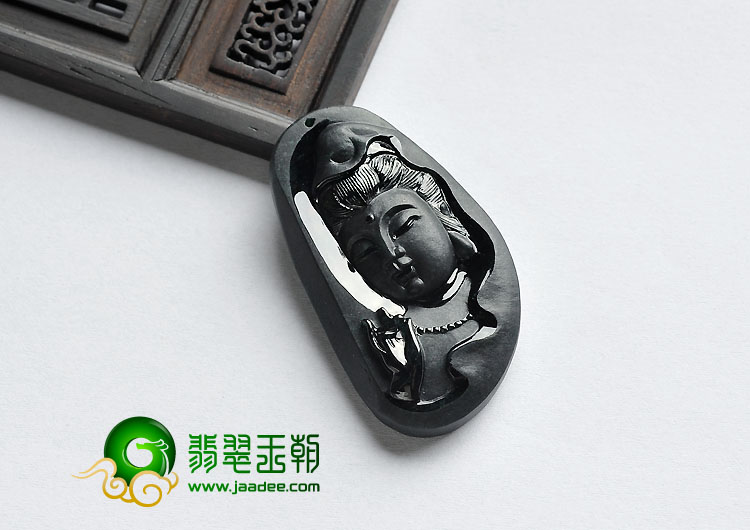 冰种墨翠缅甸翡翠A货观音头挂件