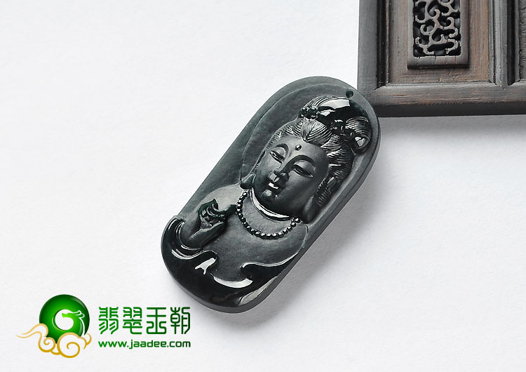 冰种墨翠缅甸翡翠A货观音头挂件