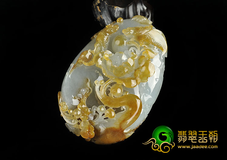 冰种黄翡缅甸翡翠A货花开富贵挂件/手玩件