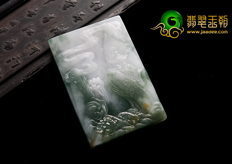 糯冰种青色缅甸翡翠A货山水画卷挂件