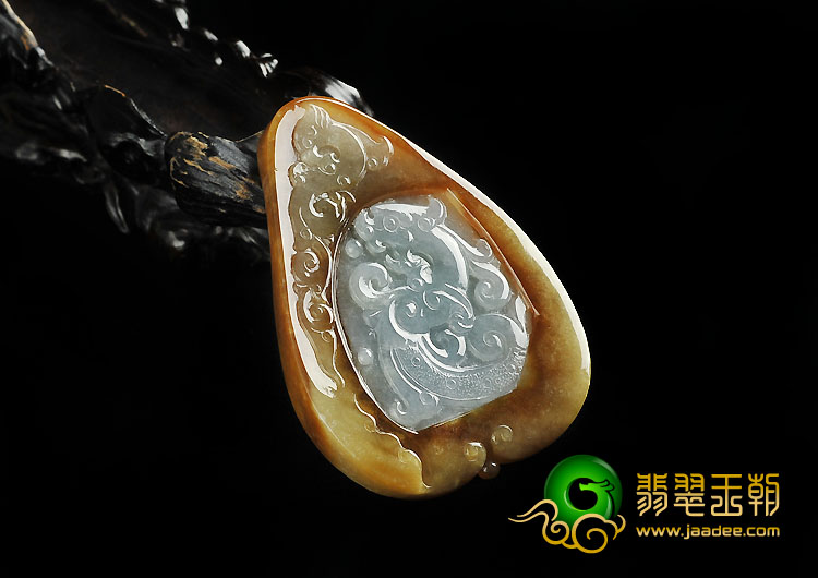 糯冰种褐黄翡缅甸翡翠A货龙凤牌挂件