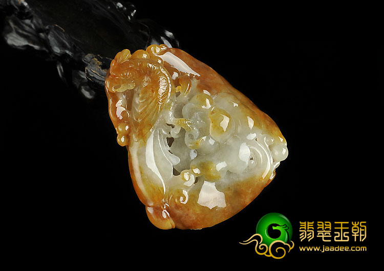 糯冰种黄翡缅甸翡翠A货凤戏牡丹挂件