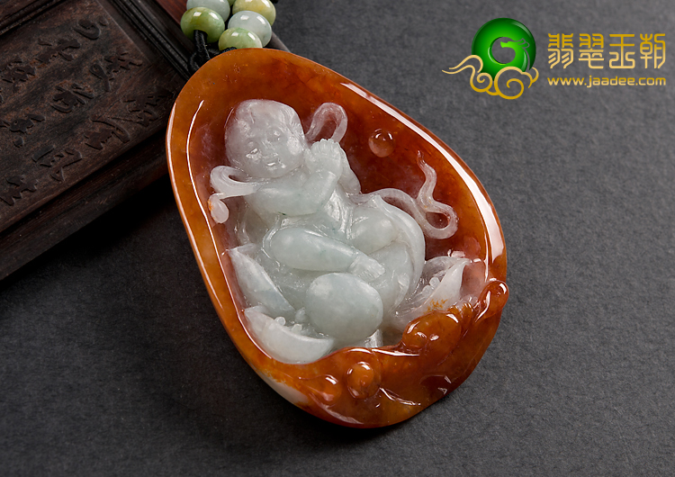糯冰种红黄翡缅甸翡翠A货莲花童子挂件
