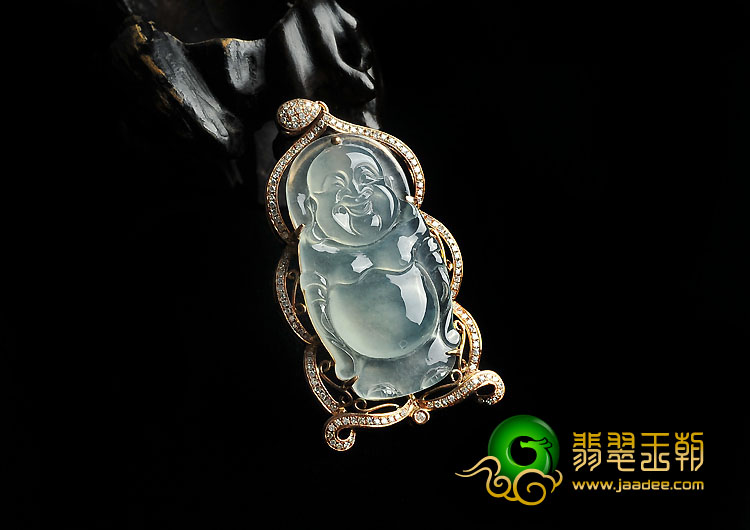 冰玻种晴水缅甸翡翠A货镶玫瑰金站佛胸坠（真钻）