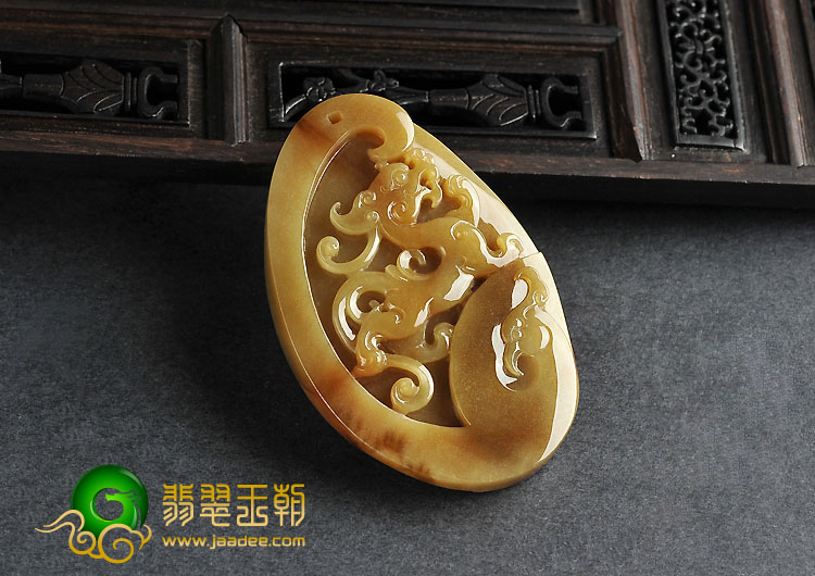 糯冰种褐黄翡缅甸翡翠A货仿古龙凤呈祥挂件