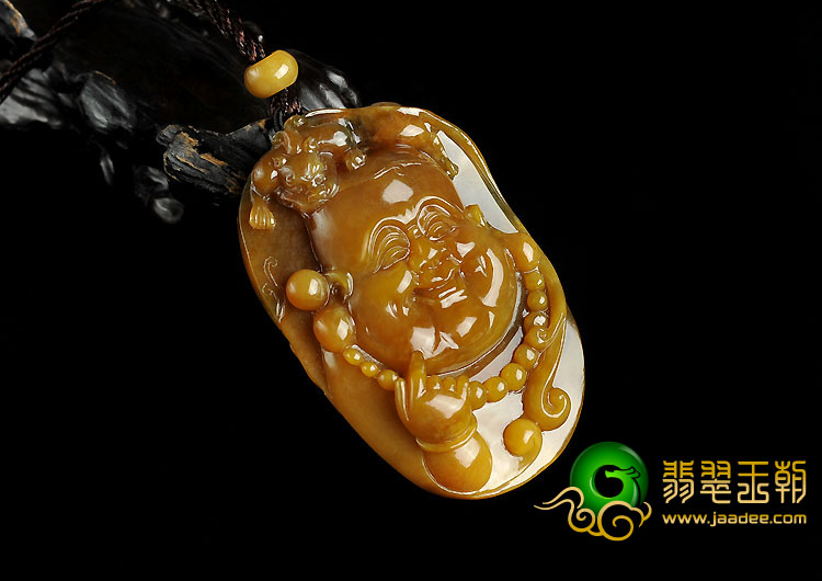 糯冰种褐黄翡飘花缅甸翡翠A货笑口常开玉佛挂件