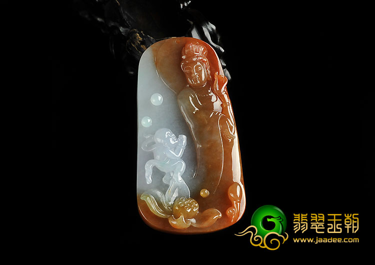 糯冰种红黄翡缅甸翡翠A货童子拜观音挂件