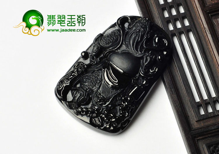 细糯种墨翠缅甸翡翠A货关羽挂件