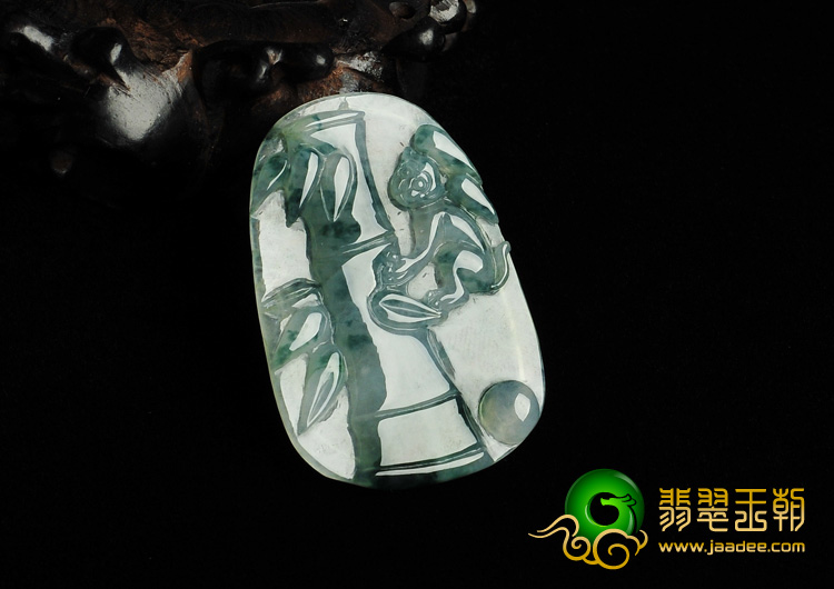 冰种飘花缅甸翡翠A货猴戏竹挂件