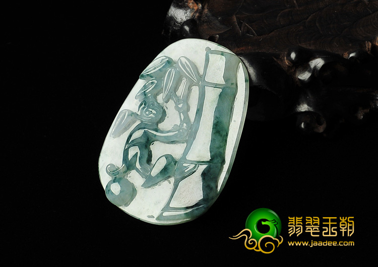 冰种飘花缅甸翡翠A货猴戏竹挂件