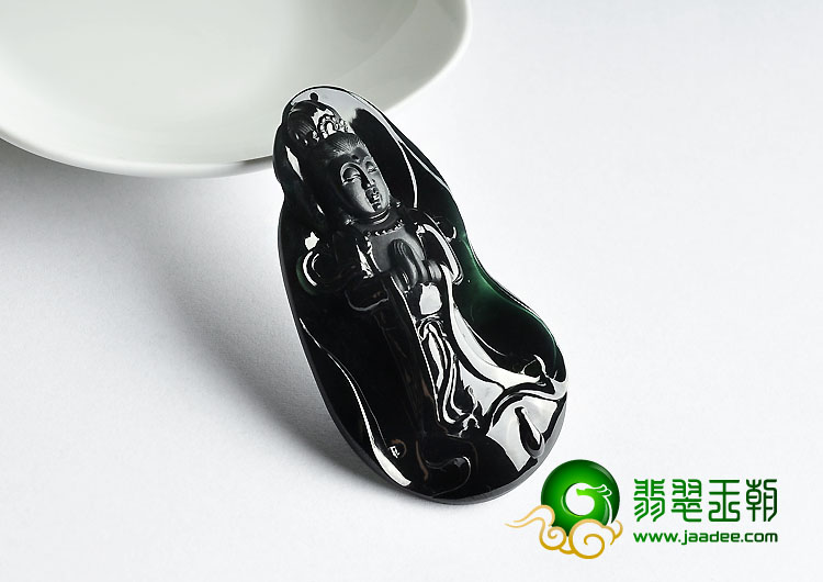 冰种墨翠缅甸翡翠A货站观音挂件