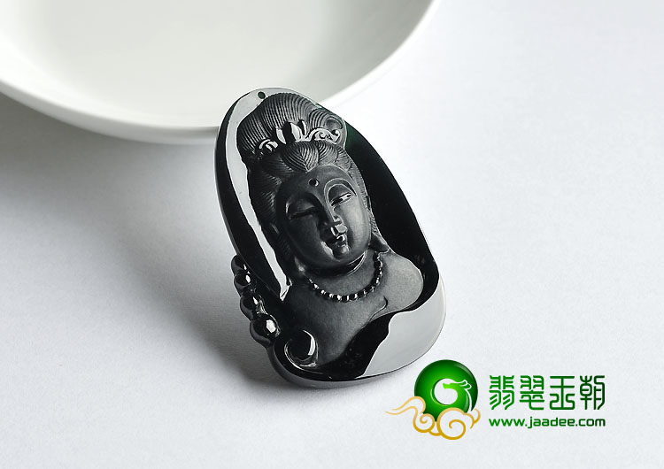 冰种墨翠缅甸翡翠A货观音头挂件