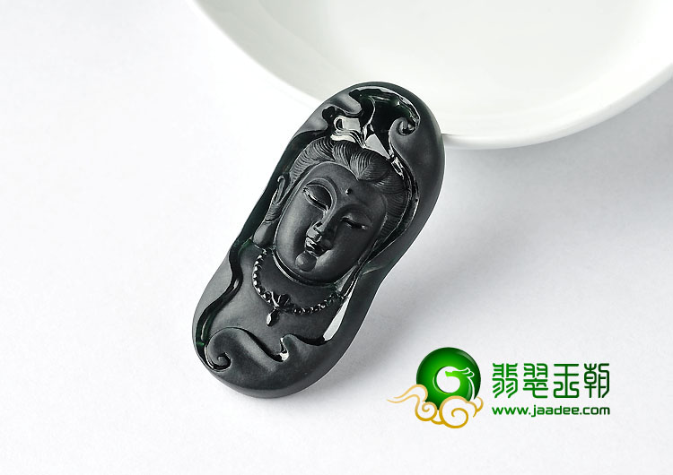 玻璃种墨翠缅甸翡翠A货观音头挂件