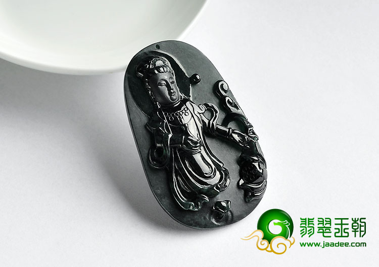 冰玻种墨翠缅甸翡翠A货站观音挂件