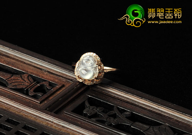 冰玻种缅甸翡翠A货镶玫瑰金玉佛戒指（真钻）