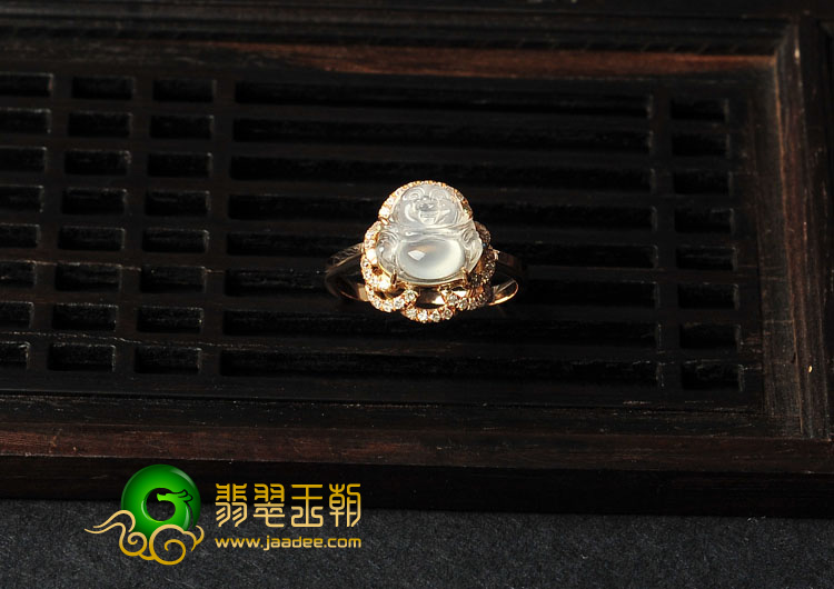 冰玻种缅甸翡翠A货镶玫瑰金玉佛戒指（真钻）