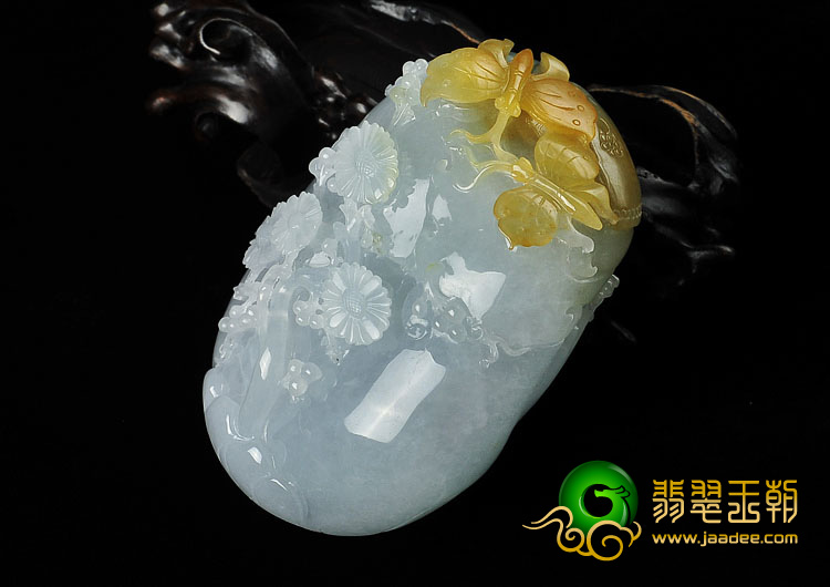 糯冰种黄翡缅甸翡翠A货蝶恋花手玩件