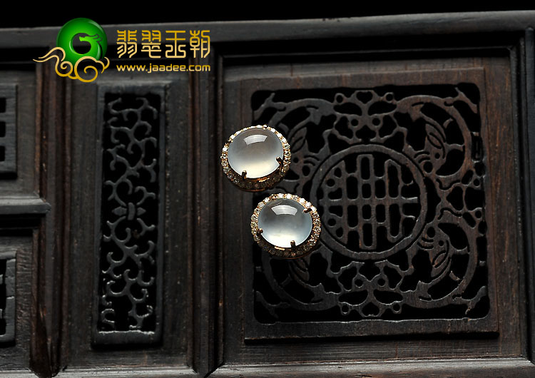 冰玻种缅甸翡翠A货镶玫瑰金耳钉（真钻）