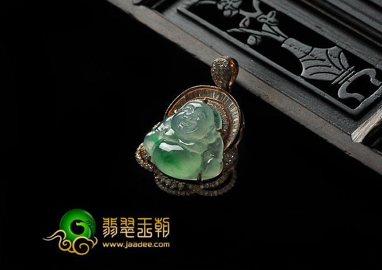 冰种飘翠缅甸翡翠A货镶玫瑰金玉佛胸坠（真钻）