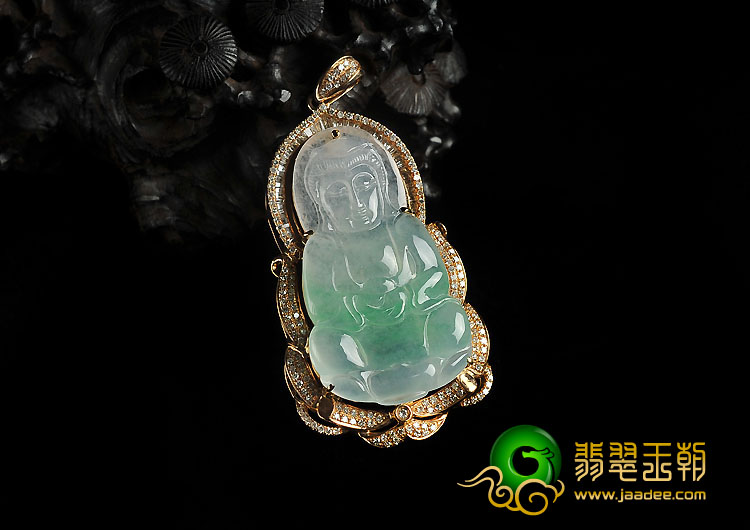 （超值推荐）冰种飘翠缅甸翡翠A货镶玫瑰金观音胸坠（真钻）