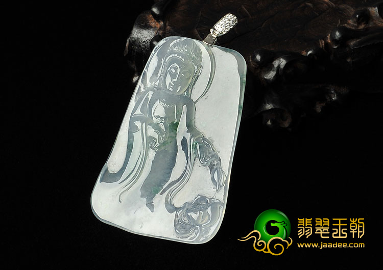 冰玻种飘花缅甸翡翠A货观音挂件