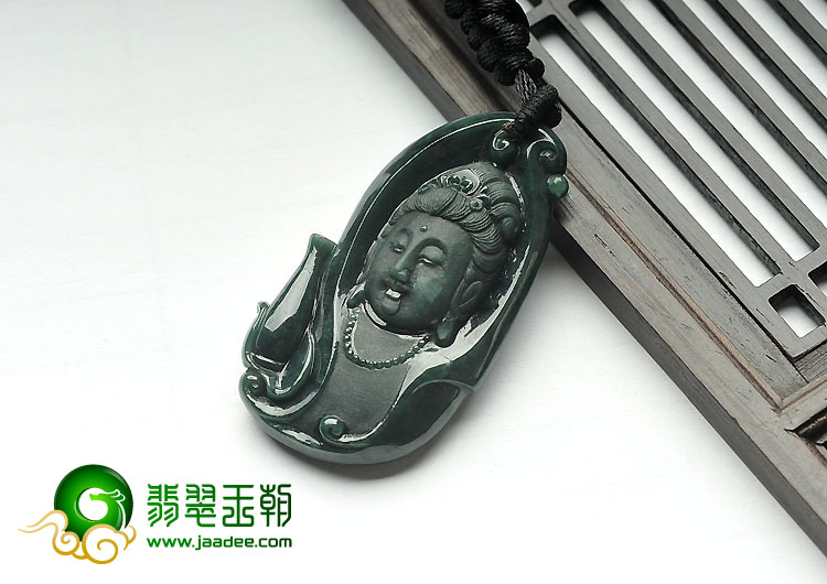糯冰种墨翠缅甸翡翠A货观音头挂件