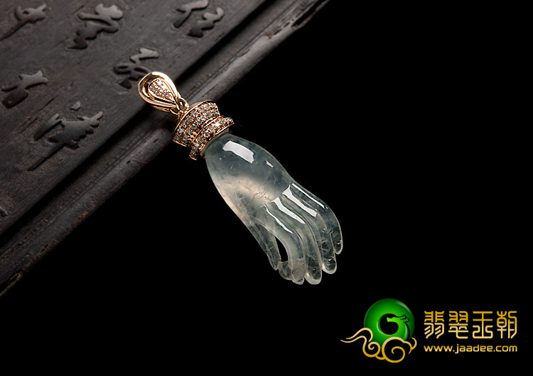 冰玻种飘花缅甸翡翠A货镶玫瑰金佛手胸坠（真钻）