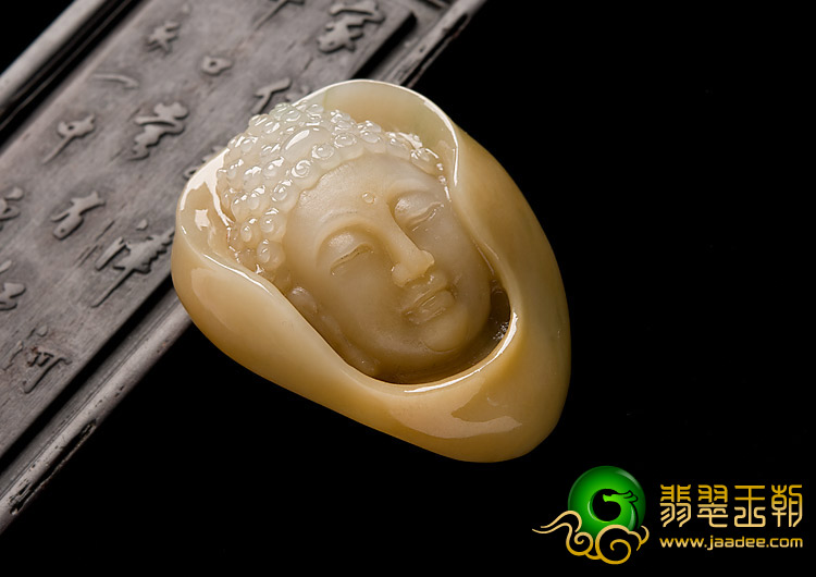 糯冰种黄翡缅甸翡翠A货释迦牟尼头挂件