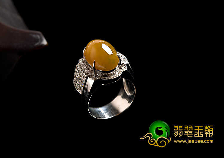 糯冰种黄翡缅甸翡翠A货银镀金戒指（水钻）