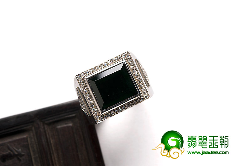 冰种墨翠缅甸翡翠A货银镀金戒指（水钻）