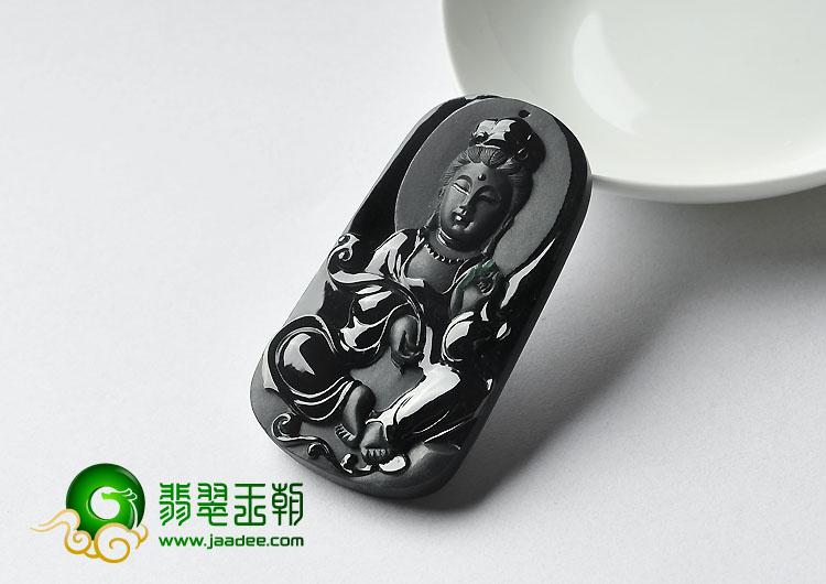 冰玻种墨翠缅甸翡翠A货观音挂件