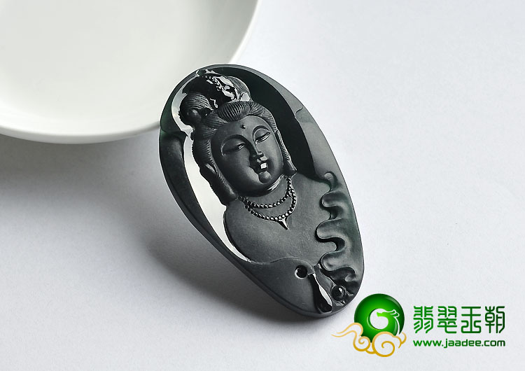 玻璃种墨翠缅甸翡翠A货观音头挂件