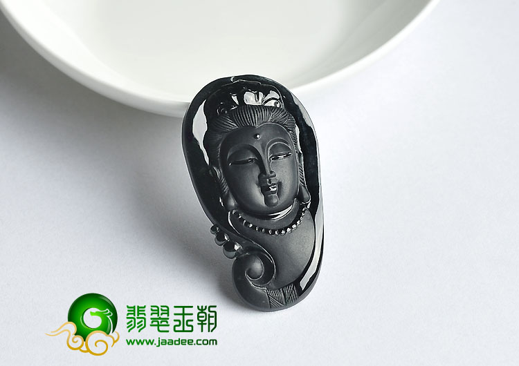 玻璃种墨翠缅甸翡翠A货观音头挂件