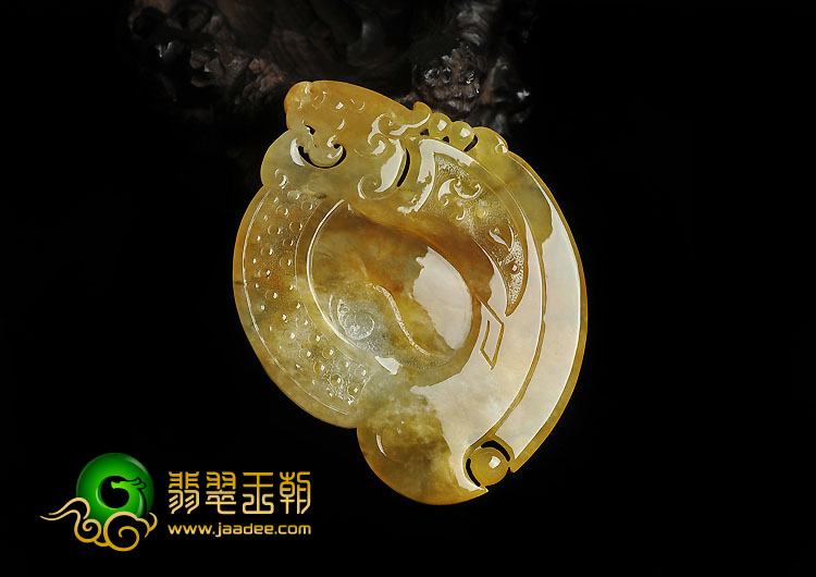 冰种黄翡缅甸翡翠A货龙凤呈祥挂件