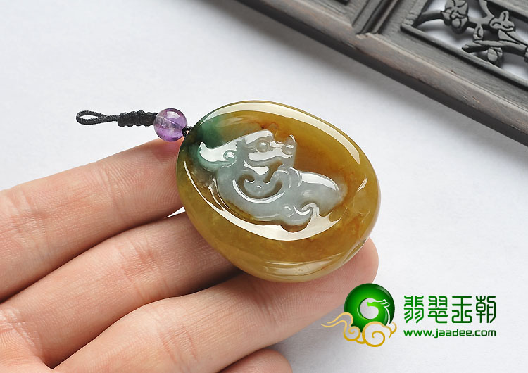 糯冰种褐黄翡缅甸翡翠A货仿古龙挂件