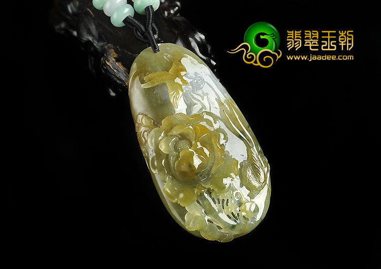 冰种褐黄翡飘花缅甸翡翠A货富贵花开挂件
