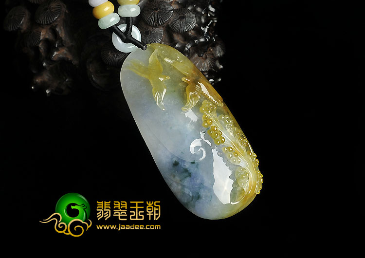 冰种褐黄翡飘花缅甸翡翠A货双喜临门挂件