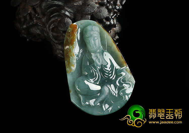 冰种晴水略带褐黄翡缅甸翡翠A货观音挂件