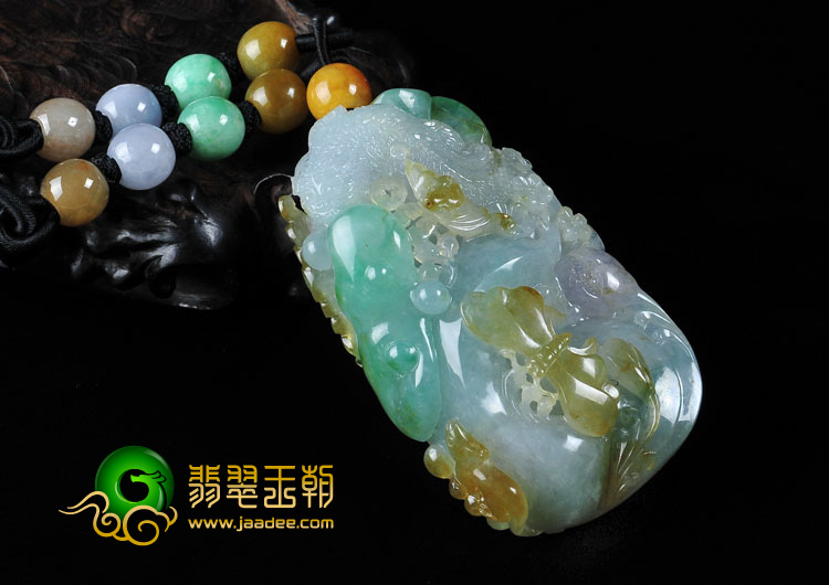 冰种三彩缅甸翡翠A货猫蝶富贵挂件