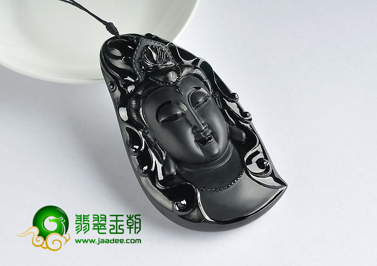 玻璃种墨翠缅甸翡翠A货观音头挂件