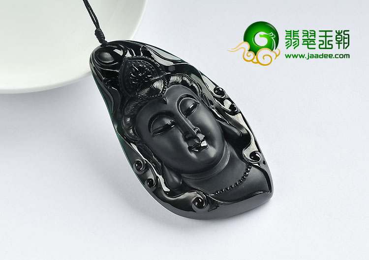 玻璃种墨翠缅甸翡翠A货观音头挂件