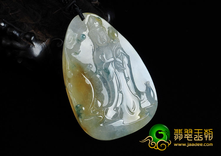 冰种黄翡飘花缅甸翡翠A货观音挂件