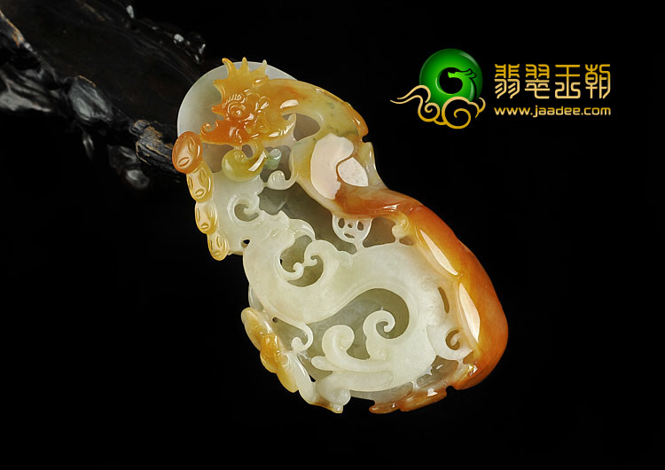 糯冰种黄翡飘花缅甸翡翠A货龙凤呈祥挂件